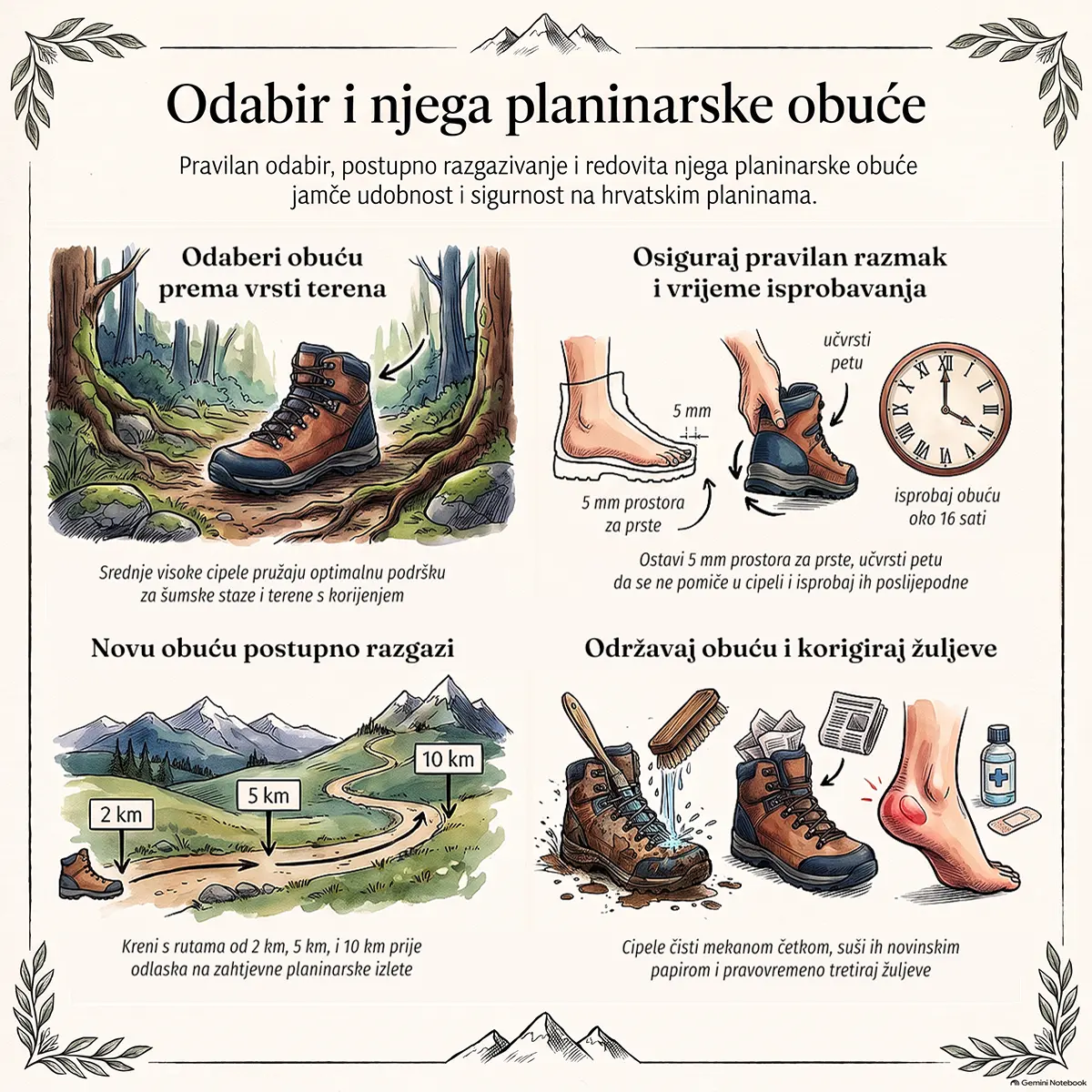 Infografika „Odabir i njega planinarske obuće” u četiri polja: odabir cipele prema vrsti terena, pravilan razmak od 5 mm i isprobavanje oko 16 sati, postupno razgaživanje na rutama od 2, 5 i 10 km te čišćenje četkom, sušenje novinskim papirom i zaštita žuljeva