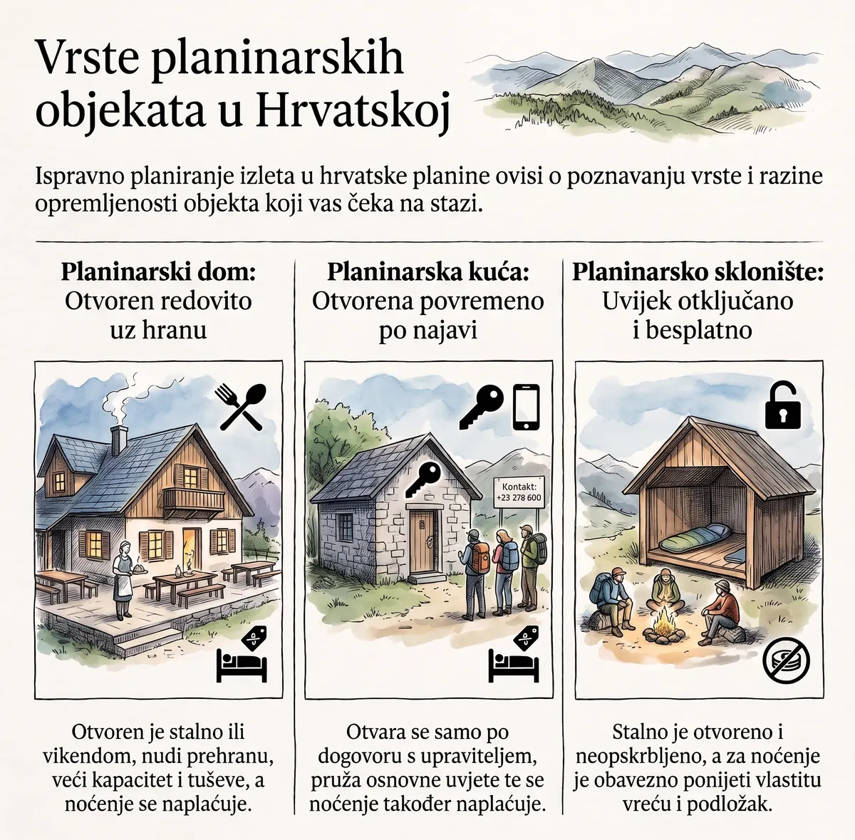 Infografika „Vrste planinarskih objekata u Hrvatskoj” u tri stupca: planinarski dom otvoren redovito uz hranu, planinarska kuća otvorena povremeno po najavi i planinarsko sklonište koje je uvijek otključano i besplatno, ali neopskrbljeno — za noćenje treba vlastita vreća i podložak