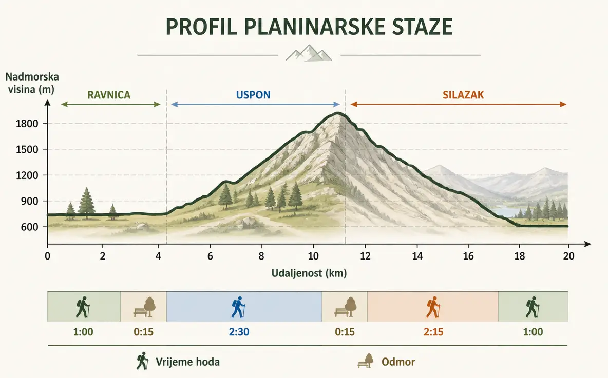 Profil planinarske staze: nadmorska visina prema udaljenosti s oznakama ravnice, uspona i silaska, ispod traka s vremenom hoda i kraćih odmora